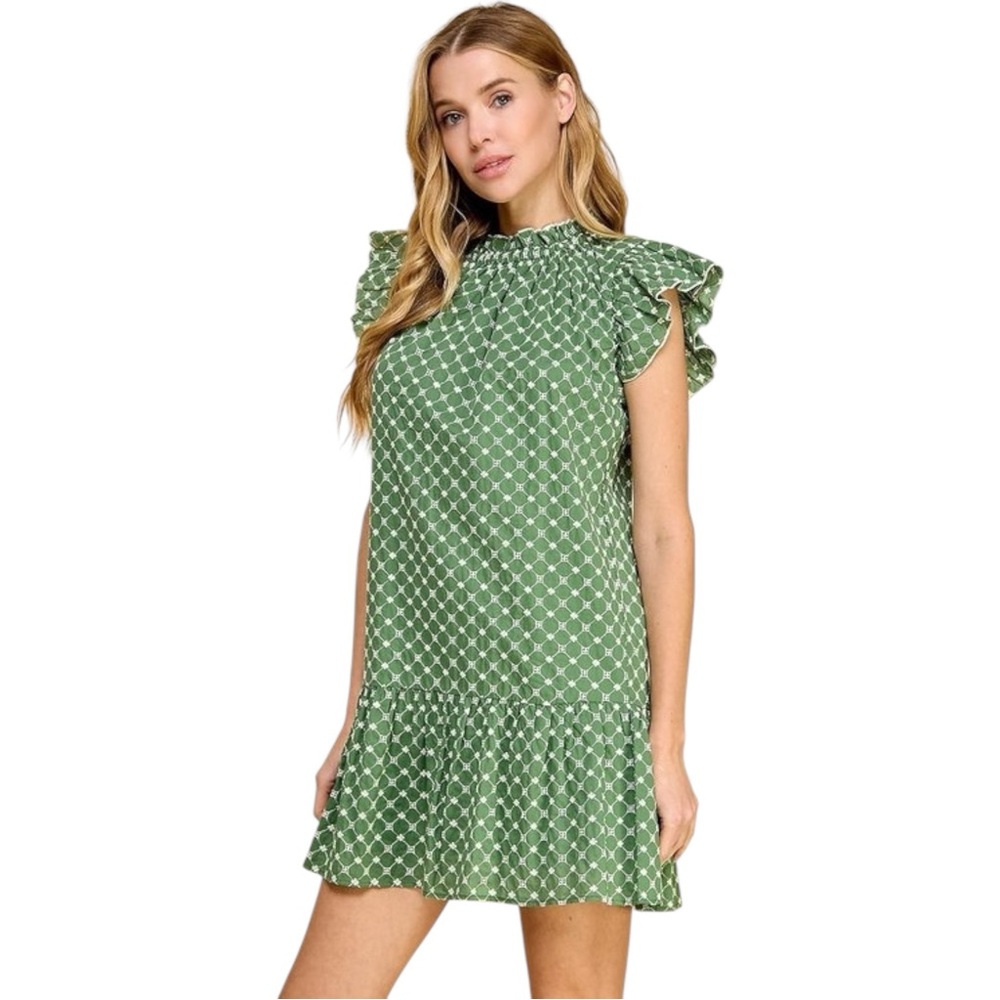 TCEC Green Patterned Mini Dress with Ruffle Sleeves 100% Cotton